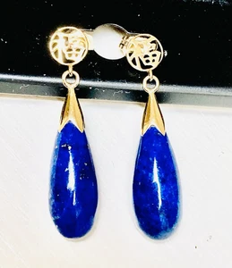 Vintage 14k Solid Gold Lapis Lazuli Dangle Teardrop Earrings  - Picture 1 of 5