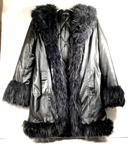 Vtg  Y2K Faux  Leather Womens Black  33” L. Faux Fur Trim Leather Jacket Size M - Picture 1 of 7