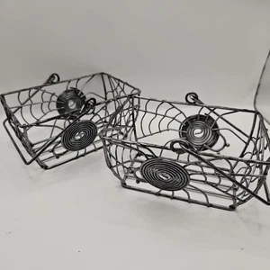 Two Small Rectangle Wire Baskets-w Handle-Metal-Indoor Halloween Spider & Web - Picture 1 of 14