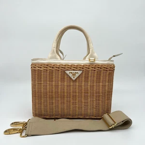 Prada Wicker Basket Bag with White Canvas Trim - Picture 1 of 24