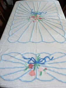 Mid Century Chenille Bedspread 98x73 VGC floral design blues pinks greens ReTrac - Picture 1 of 7