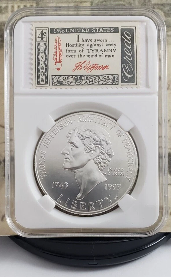 1993-P Thomas Jefferson - Silver Dollar with Vintage Stamps - Very Nice! W17 - Image 1 of 4