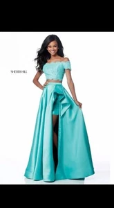 Sherri Hill Long Evening 2-Piece Jade Gown Prom Hi-Lo Slit Skirt 51857 Sz 26 / 2 - Picture 1 of 14