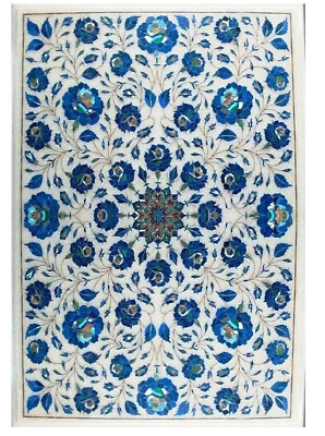 18''x24'' white marble table top center inlay lapis mosaic home decor k4 - Image 1 of 4