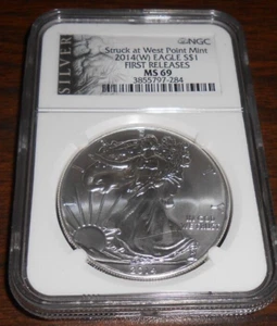 2014 (W) AMERICAN SILVER EAGLE $1 NGC MS 69 - FR - STRK. AT WEST POINT MINT - Picture 1 of 4