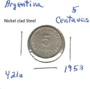 Argentina 5 Centavos, nickel clad steel, 1953, KM 21a - Picture 1 of 2