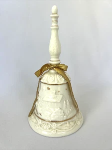 Vintage Off White Porcelain Christmas Dinner Bell Gold Highlights - Picture 1 of 8