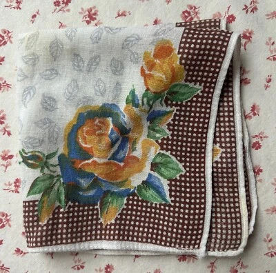 Pañuelo vintage de los años 40 para mujer marrón a cuadros otoño rosas pañuelo  Foto 1 de 2