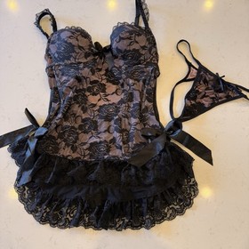 Vintage Agent Provocateur Black Lace Corset Set Peplum Bustier + Thong S - 2007