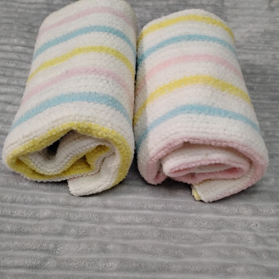 Vintage Cannon Mills Woven Acrylic Baby Blanket Pastel Stripes Thermal Set Of 2 - Image 1 of 4