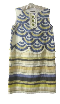 EASTON PEARSON linen beaded raffia dress sz 14 embroidered print blue yellow - image 1 of 4