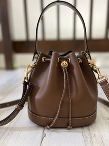Tory Burch T Monogram Leather Bucket Bag Moose Brown Gold Shoulder Crossbody - Picture 1 of 7