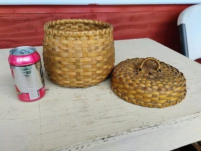 Vintage Micmac Indian Basket W/ Handle Lid Handwoven Ash Splint 8" Tall 8" Wide - Image 1 of 4