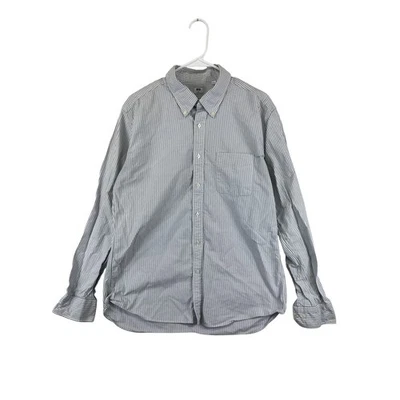 Camisa masculina listrada com botões Uniqlo XL azul branca slim fit algodão casual - Imagem 1 de 4