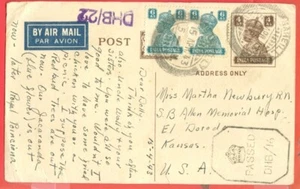 India KGVI 4a Air Mail Post Card Up-rated cover to USA Censor 1943 - Picture 1 of 2