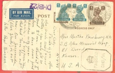India KGVI 4a Air Mail Post Card Up-rated cover to USA Censor 1943 - Image 1 of 2