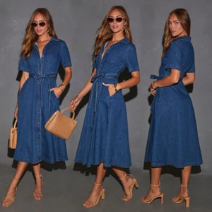 denim midi dress belted short sleeve button down pockets A-line flared summer - Picture 1 of 12