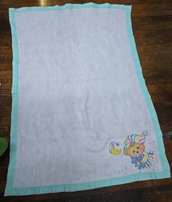 Riegel Vintage TEDDY BEDDY BEAR Satin Trim Baby Crib Blanket 36"x45" White USA - Image 1 of 4