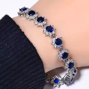 Blue Sapphire & CZ - Simulated 925 Sterling Silver Tennis Bracelet 7.99" B17121 - Picture 1 of 4