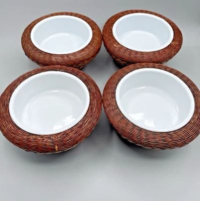 Tiki Bar-Style Ramekins w/Faux Wicker Holders Set/4 Vintage MCM Hostess - Image 1 of 4
