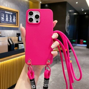 Funda de silicona para móvil iPhone 16 15 14 Pro Max 13 12 11 con correa cadena para móvil - Imagen 1 de 18