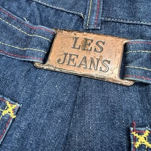 70s Vtg Les Jeans Pants Sz XS Bell Bottom Flare Denim Red Yellow Topstitch Talon - Picture 1 of 12