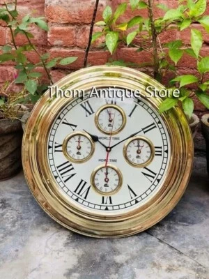 Reloj de Pared Marítimo Antiguo 17" Latón Pulido Hora Mundial Reloj de Pared de Barco Foto 1 de 4