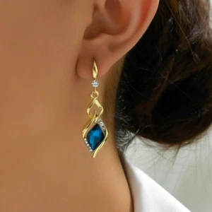 Womens Gold Hoop Earrings Blue CZ Crystal Dangle Drop Elegant Fashion Jewelry - Picture 1 of 5