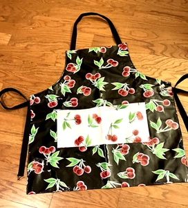 Delantal babero de vinilo decorado con cerezas toallitas limpias 3 bolsillos correas ajustables - Imagen 1 de 5