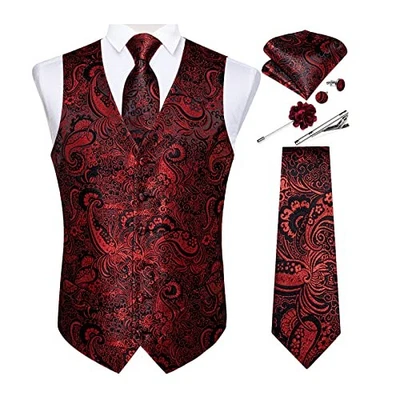  Mens Vest and Tie Set Formal Paisley Waistcoat and Medium Black Red Floral - Image 1 of 4