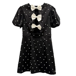 Dark Coquette Retro Mini Event Kleid Plunge Schleife Perlen Poof Slv S/XS schwarz Pinup - Bild 1 von 14