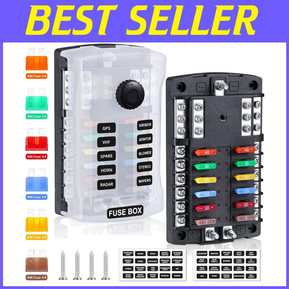 LED Warning 12 Way Circuit Fuse Block for Auto, Marine & RV Applications - Image 1 of 4