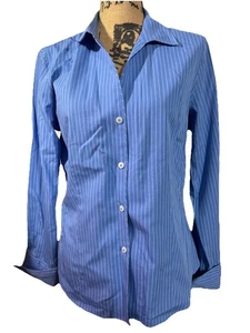 Camicia donna Jones New York taglia 12 blu e bianca senza ferro con bottoni - Foto 1 di 9