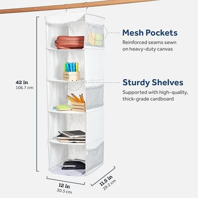 Hanging Wardrobe Storage Organiser 5 Tier Hanging Shelves Durable Metal Hooks - Image 1 of 3