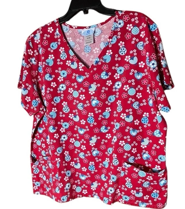Blusa Médica SB para Mujer XL Roja Ladybugs Bolsillos 100% Algodón Foto 1 de 4