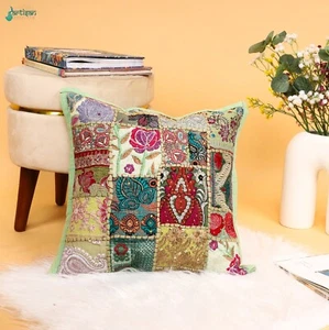 Green Handmade Patchwork Hand Embroidered Decorative Sofa Pillow Cushion Cover - Picture 1 of 5