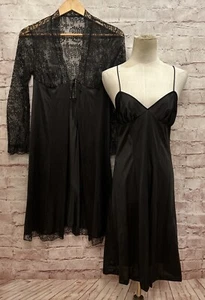 VTG Black Peignoir Set Vanity Fair Lace Robe & Nightgown Antron Nylon Size 32 - Picture 1 of 6