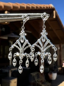 Solid 14K White Gold Dangling Diamond-Cut Chandelier Tassel Earrings, Pierced - Picture 1 of 14