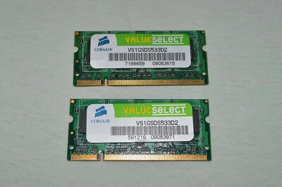 2x Corsair 1 GB SO-DIMM 533 MHz DDR2 SDRAM Memory VS1GSDS533D2 SODIMM 2GB total - Image 1 of 3