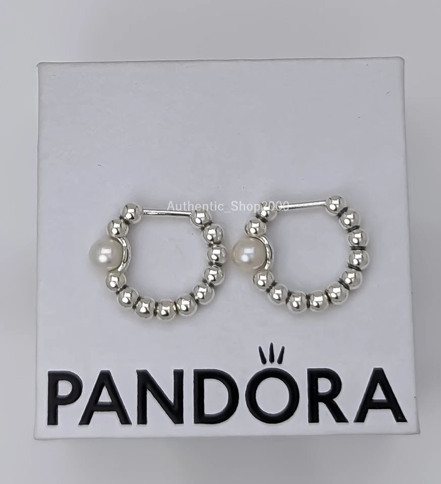 NEW 100% Authentic PANDORA 925 Cultured Pearl & Beads Hoop Earrings 293178C01 - Image 1 of 4