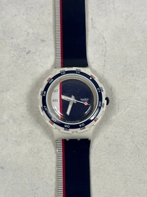 VTG Swatch Watch 37mm Scuba Sailor 1999 Nautical Blue White Red New Battery - Image 1 of 4