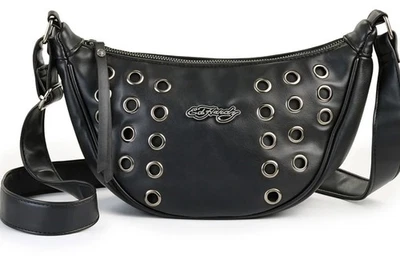 NWT ED HARDY BLACK W/ GROMMETS CRESCENT CROSSBODY HOBO HANDBAG PURSE - Image 1 of 4