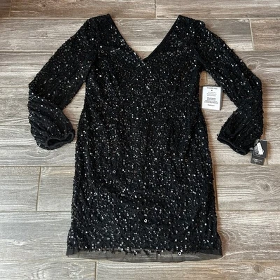 Nuevo con etiquetas Mini Vestido Adrianna Papell Negro Lentejuelas Cuello en V Manga Larga Para Mujer Talla 16 Foto 1 de 4
