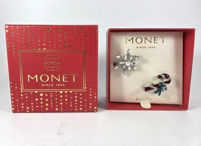 Broches Monet Copo de Nieve y Bastón de Caramelo Plata Esmalte Estrás Transparente Nueva Caja Roja Foto 1 de 4