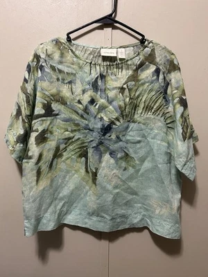 Chico's 100% 亚麻棕榈树衬衫尺寸 1/M 超大方格海滩热带 — 第 1/4 张图片