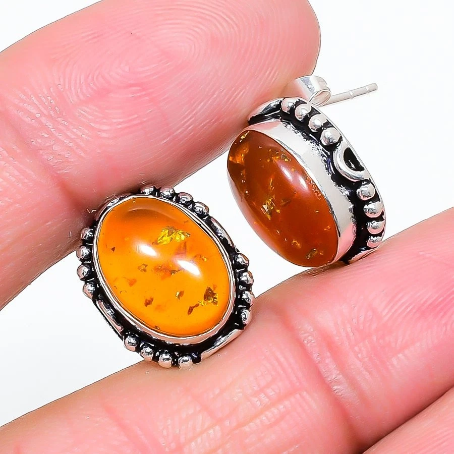 波罗的海琥珀宝石 925 纯银珠宝耳钉 尺寸 0.75 — 第 1/1 张图片