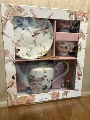 Grace Teaware Set Cottage Rose & Birds Magnolia Garden 7 Piece Fine Porcelain - Image 1 of 4