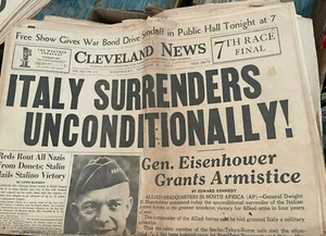 1943 Italia se rinde incondicionalmente Stalin Eisenhower periódico Cleveland - Imagen 1 de 7