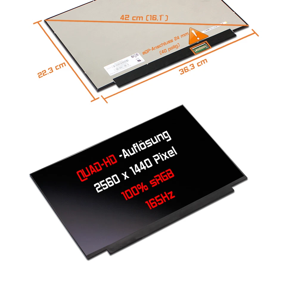 16.1" WQHD LED Replacement Screen Matte for NE161QHM-NY1 (BOE09E5) 100% sRGB 165Hz - Image 1 of 1