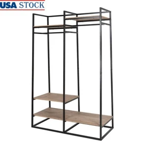 Freestanding Metal Garment Rack 2 Rods 4 Wooden Shelves Storage Organizer New - Picture 1 of 8